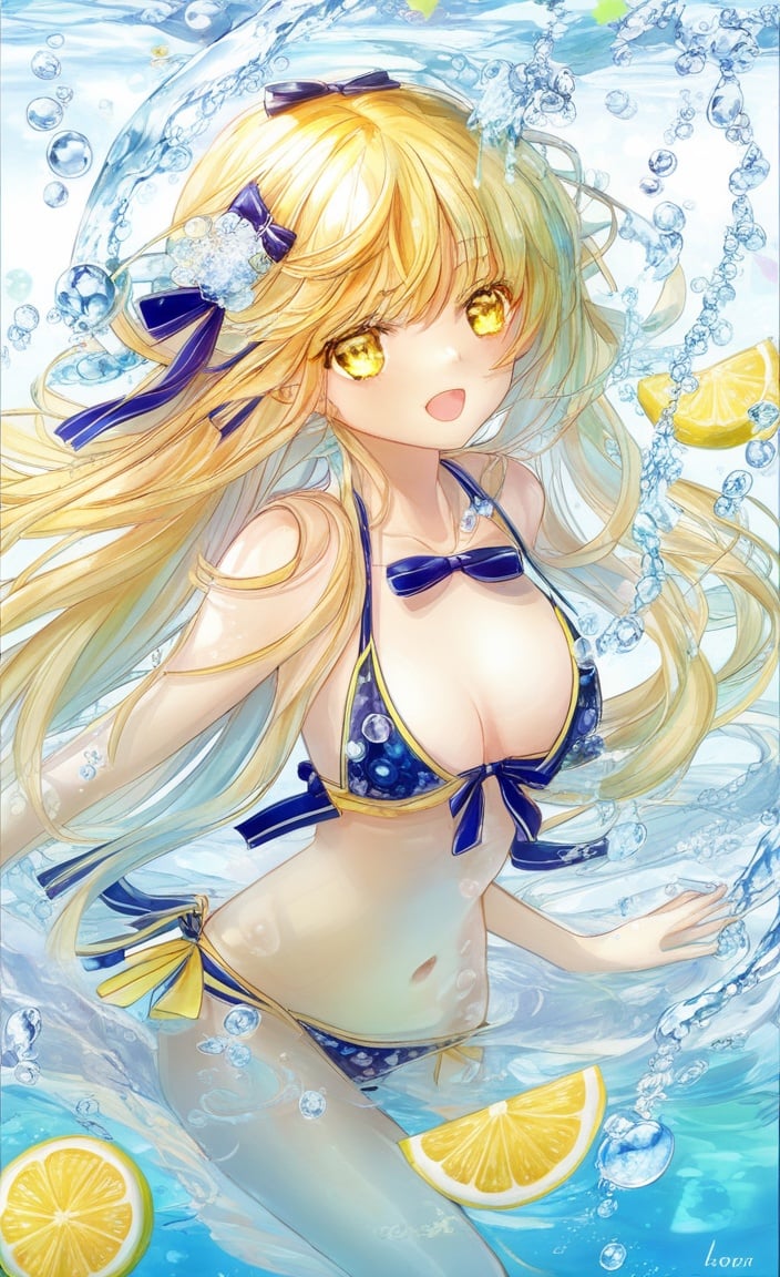 best illumination,best shadow,an extremely delicate and beautiful,detailed clothes,detailed face,detailed eyes,detailed background,detailed skin,water eyes,floating hair,neck ribbon,handled hair,beautiful face,extremely_beautiful_detailed_anime_face,cute face,bright skin,lemon slice,ice block, (((Splashing bubbles:):1.2),1girl,yellow hair,yellow eyes,very long hair, bikini, adult