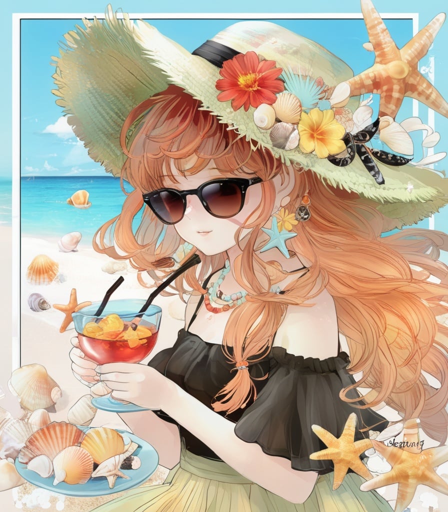 1girl, solo, starfish, seashell, shell, flower, hat, hair ornament, jewelry, straw hat, looking at viewer, sunglasses, hat flower, drinking straw, hairclip, earrings, red flower, tinted eyewear, yellow flower, bangs, english text, multicolored hair, orange flower, black hair, ring, cup, long hair, orange-tinted eyewear, food, brown hair, portrait, shell hair ornament