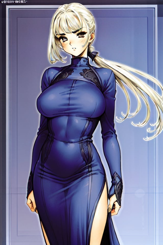 1girl, full body, mature woman, bangs, low ponytail, blonde_hair, curve hair, (large natural breasts), narrow waist, thick thick eyebrows, brown_eyes, pale skin, looking_at_viewer, (long blue dress:1.2), solo, standing, black sweater, absurdres, detailed face, outline, lineart, smooth gradient, vintage clothes,