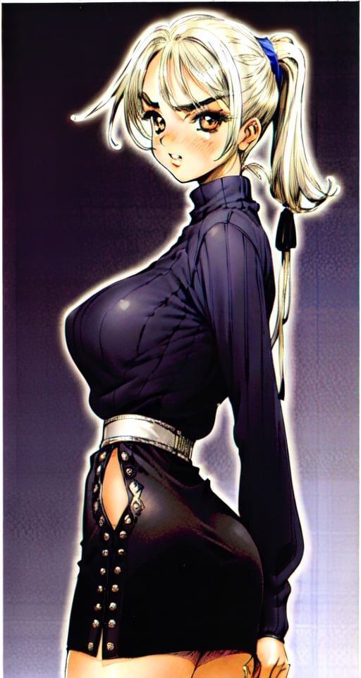 1girl, mature woman, bang, (low ponytail:1.2), blonde curve hair, (large natural breasts), narrow waist, thick thick eyebrows, brown_eyes, pale skin, looking_at_viewer, long blue skirt, solo, standing, black sweater, absurdres, detailed face, outline, lineart, smooth gradient, vintage clothes, <lora:Masamune Shirow:0.75>