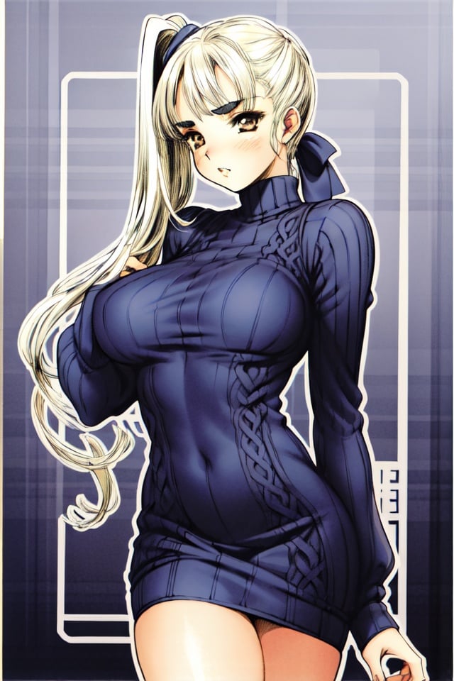 1girl, mature woman, bangs, low ponytail, blonde_hair, curve hair, (large natural breasts), (narrow waist:0.5), thick thick eyebrows, brown_eyes, pale skin, looking_at_viewer, (long blue dress:1.2), solo, standing, black sweater, absurdres, detailed face, outline, lineart, smooth gradient, vintage clothes,