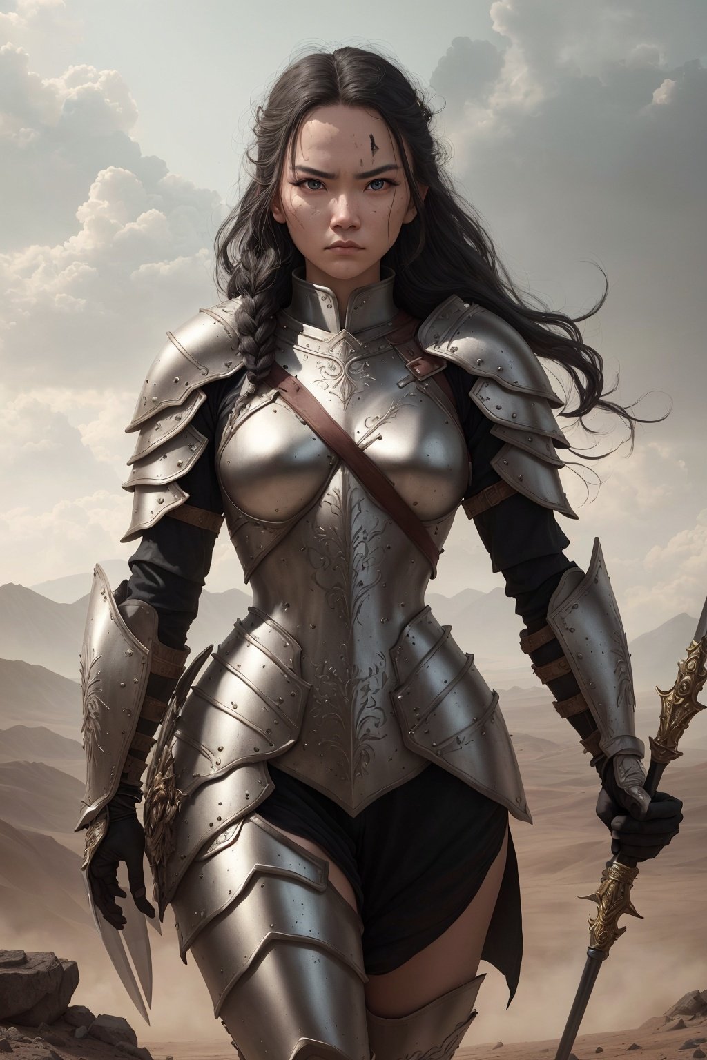  A fierce warrior woman stands tall in a battlefield, wielding a large and ornate shield with one hand, a long spear with the other. She wears a sturdy suit of armor that covers her entire body, and her long hair is braided back tightly. Scars mark her face, evidence of her many battles and fierce determination. She stares ahead with a stern and focused expression, ready to defend herself and her allies against any enemy that dares to challenge her. The battlefield is a desolate and barren wasteland, with no sign of life other than the warriors engaged in battle.

材质： Dark, rugged digital painting (4k), using rough brush strokes and heavy textures to create a gritty and intense effect. The armor should be highly detailed, with intricate patterns and battle scars etched into its surface. The shield should be especially detailed, with a mix of gold and silver metallic finishes, and ornate engravings.

附加细节： The warrior's suit of armor should have engraved details featuring mythical beasts, such as dragons and griffins. Her long spear should be tipped with a sharp, gleaming blade, and she should also have a small sword hanging at her side. The battlefield should be littered with weapons and broken shields, adding to the sense of chaos and destruction.

图像质量： (best quality, 4k, 8k, highres, masterpiece:1.2), ultra-detailed, sharp focus, realistic textures, professional grade.

艺术风格： Concept art, fantasy, medieval.

色彩色调： The color palette should be dominated by dark, muted tones, such as black, gray, and brown. However, there should also be small pops of color, such as the gold and silver of the armor and shield, and the red of the warrior's battle scars.

灯光： The lighting should be stark and directional, casting deep shadows and highlighting the warrior's form and the details of her armor. The sky should be overcast and dark, adding to the ominous feeling of the scene.