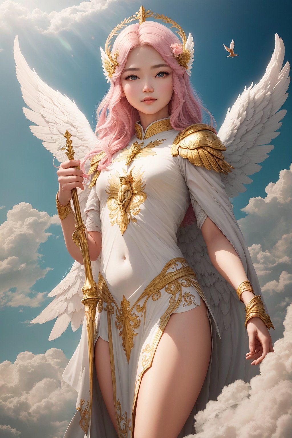  An angelic figure with delicate wings stands atop a cloud in a celestial realm. The angel's outfit is in soft, flowing pastel colors, with a subtle shimmer that glows in the light. A quiver of glistening golden arrows is slung over the angel's shoulder, and a golden bow rests in their hand. Their eyes are a brilliant blue, glowing with divinity. They have a youthful, androgynous appearance, with subtle facial features that convey a sense of grace and purity. The cloud that they stand on is fluffy and white, with hints of pink and peach from the refracted sunlight.

材质： Elegant and radiant digital painting (4k). The focus is on bright, ethereal colors and soft, delicate brushstrokes. Golden hues should be emphasized where appropriate to add a sense of divinity to the scene.

附加细节： The feathers on the angel's wings should be depicted in vivid detail, like white and golden light intertwined with each other. The angel should also have a halo that shimmers and sparkles radiantly. Small details such as a slight breeze blowing through the angel's hair and the folds in their flowing outfit can bring added realism to the piece.

图像质量： (best quality, 4k, 8k, highres, masterpiece:1.2), ultra-detailed, realistic textures, sharp focus.

艺术风格： Concept art, fantasy, angelic.

色彩色调： The color palette should be delicate pastel shades, such as light pink, peach, and baby blue, with gold accents where appropriate. The colors should create a calming and peaceful atmosphere.

灯光： The lighting should be bright and all-encompassing, casting the angel in a warm glow. Subtle hints of pink and peach should be reflected in the cloud that the angel stands on.