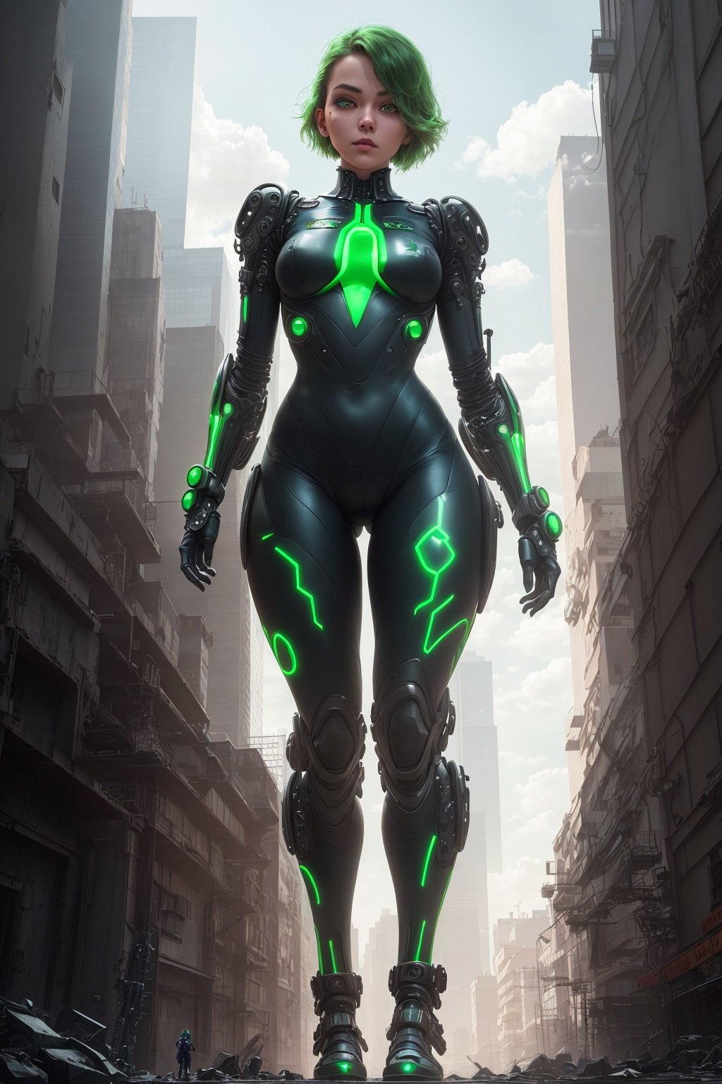 A girl in a green mechanical exosuit, with intricate detailing on the suit and glowing green accents. She stands in a futuristic city, surrounded by tall skyscrapers and bustling hovercars. She gazes confidently forward, with piercing green eyes that glow in the darkness. The suit fits her like a second skin, emphasizing her lithe and athletic body. The suit's metallic surface glistens in the neon lights of the city, as she stands with her feet shoulder-width apart, ready for action. The exosuit hums with energy, ready to unleash its power at a moment's notice. The overall art style is a mix of industrial and cyberpunk, with gritty textures and bold, contrasting colors. (best quality, 4k, HDR, ultra-detailed, realistic:1.37), professional, vivid colors, sharp focus, physically-based rendering, extreme detail description, studio lighting, bokeh.