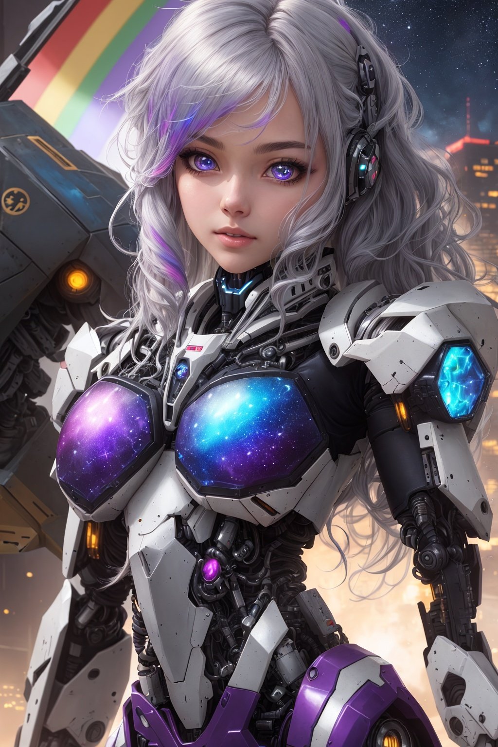 best quality,extremely detailed,detailed background,anime,a young beautiful girl,very long rainbow hair,(close shot),extremely detailed face,an extremely delicate and beautiful mecha girl,extremely detailed eyes,(floating silver grey hair),(Iridescence and rainbow hair),(gradient color mecha clothes),(black and blue and purple mecha clothes),Iridescence and rainbow mecha,（bodysuit：0.8）,(cyberpunk),((scifi)),((sci-fi)),night,space,horizon,beautiful detailed starry sky,top of the city,(dynamic posture),solo focus,close up,depth of field,bokeh,cinematic lighting,atmospheric lighting,science fiction,close up shot,close-up photo,(close to the camera),close to the lens,(close to the viewer)