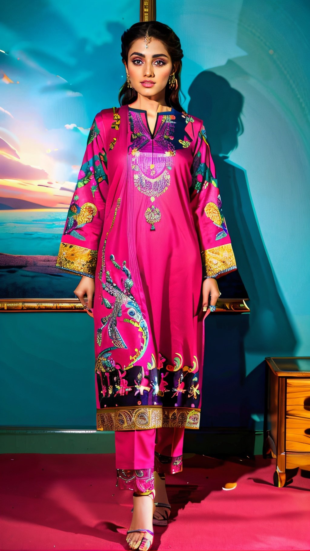 xyzsanshalwarqameez, (highly detailed:1.3), 1girl, solo, (full body:1.3), zig-zag pattern, embroidery , 1girl, embroidery, pink dress, shalwar, Ultra-detail, (highres:1.1), best quality, (masterpiece:1.3), cinematic lighting, (highly detailed face and eyes:1.3),    