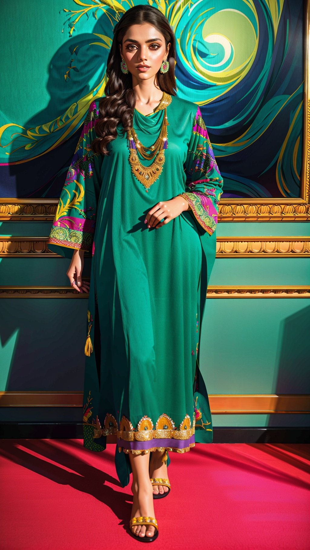 xyzsanshalwarqameez, (highly detailed:1.3), 1girl, solo, (full body:1.3), zig-zag pattern, embroidery , 1girl, embroidery, green dress, shalwar, Ultra-detail, (highres:1.1), best quality, (masterpiece:1.3), cinematic lighting, (highly detailed face and eyes:1.3),   <lora:xyzsanshalwarqameez:.8> 