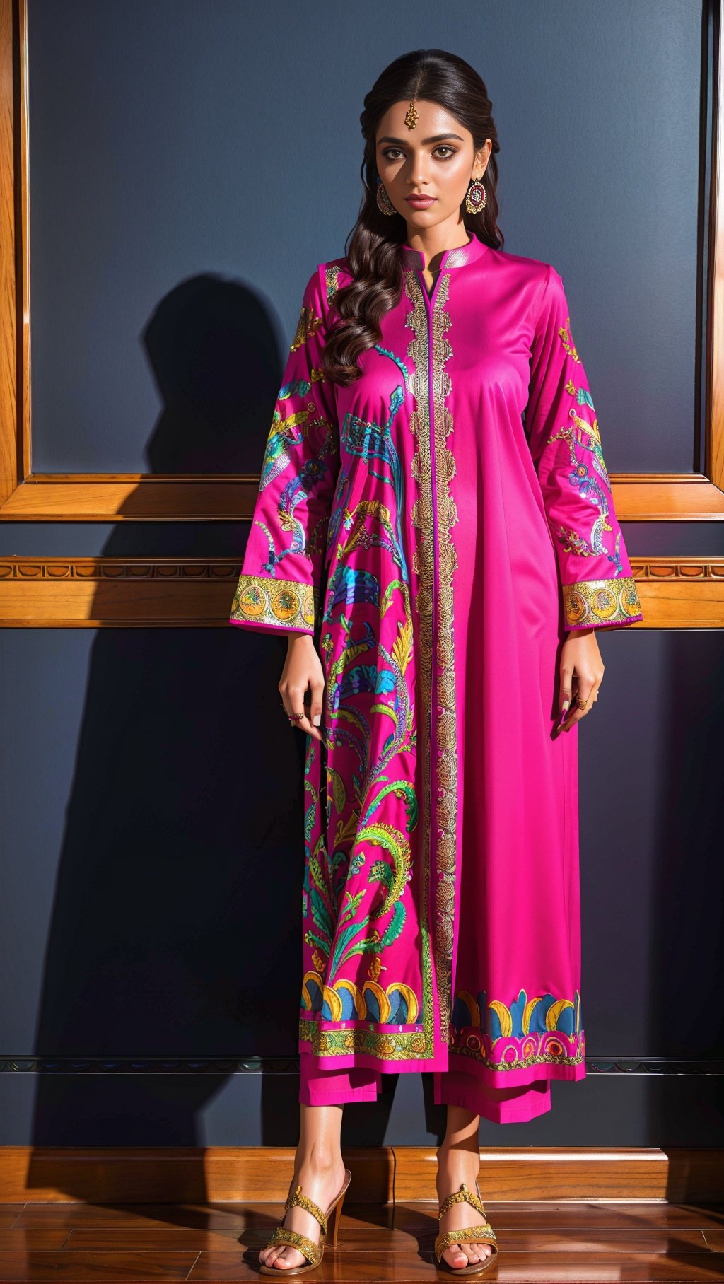 xyzsanshalwarqameez, (highly detailed:1.3), 1girl, solo, (full body:1.3), zig-zag pattern, embroidery , 1girl, embroidery, pink dress, shalwar, Ultra-detail, (highres:1.1), best quality, (masterpiece:1.3), cinematic lighting, (highly detailed face and eyes:1.3),   <lora:xyzsanshalwarqameez:.8> 