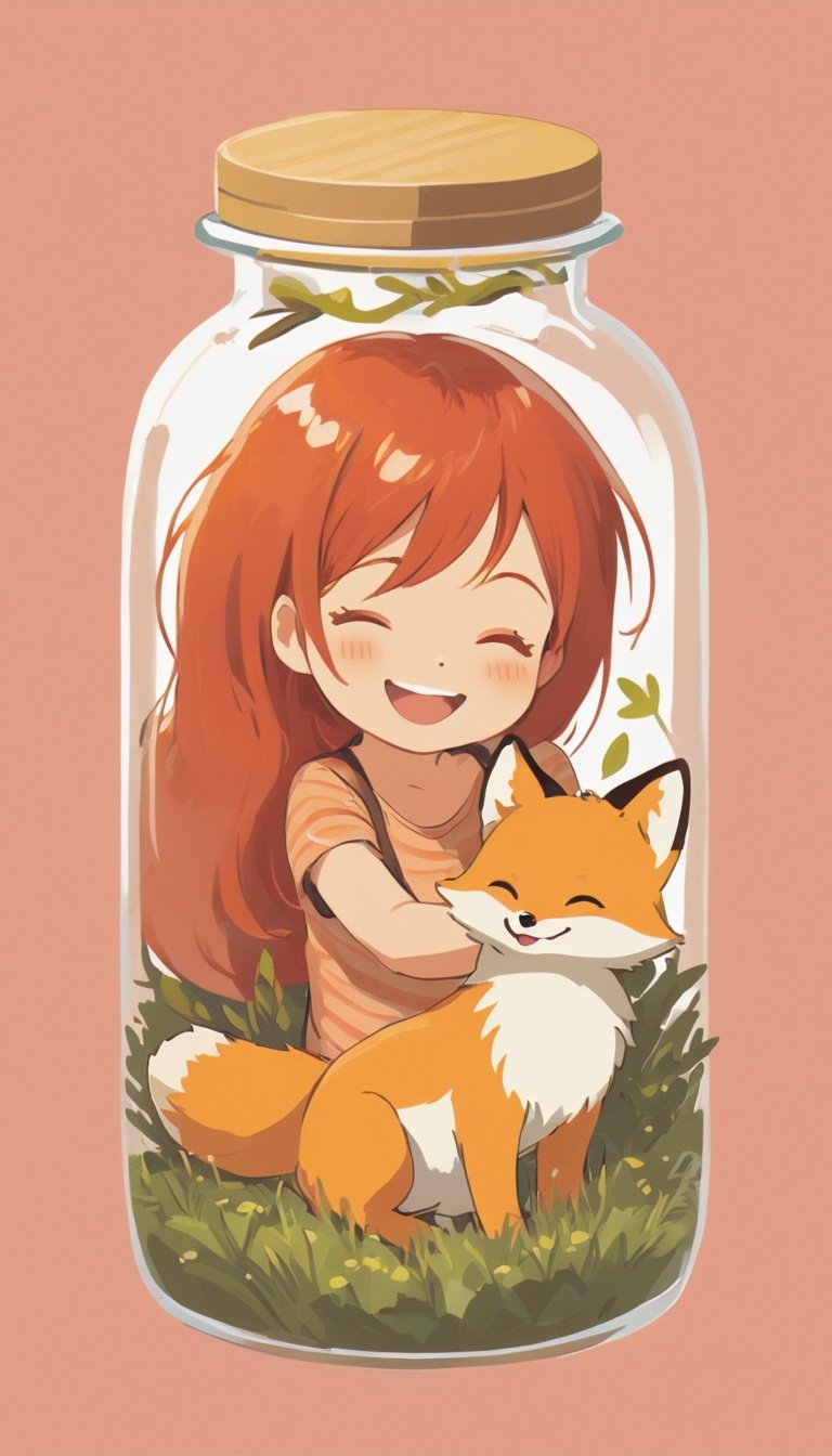 <lora:inajarresized:1>, in a jar, in container, red haired girl smiling while playing with her pet fox