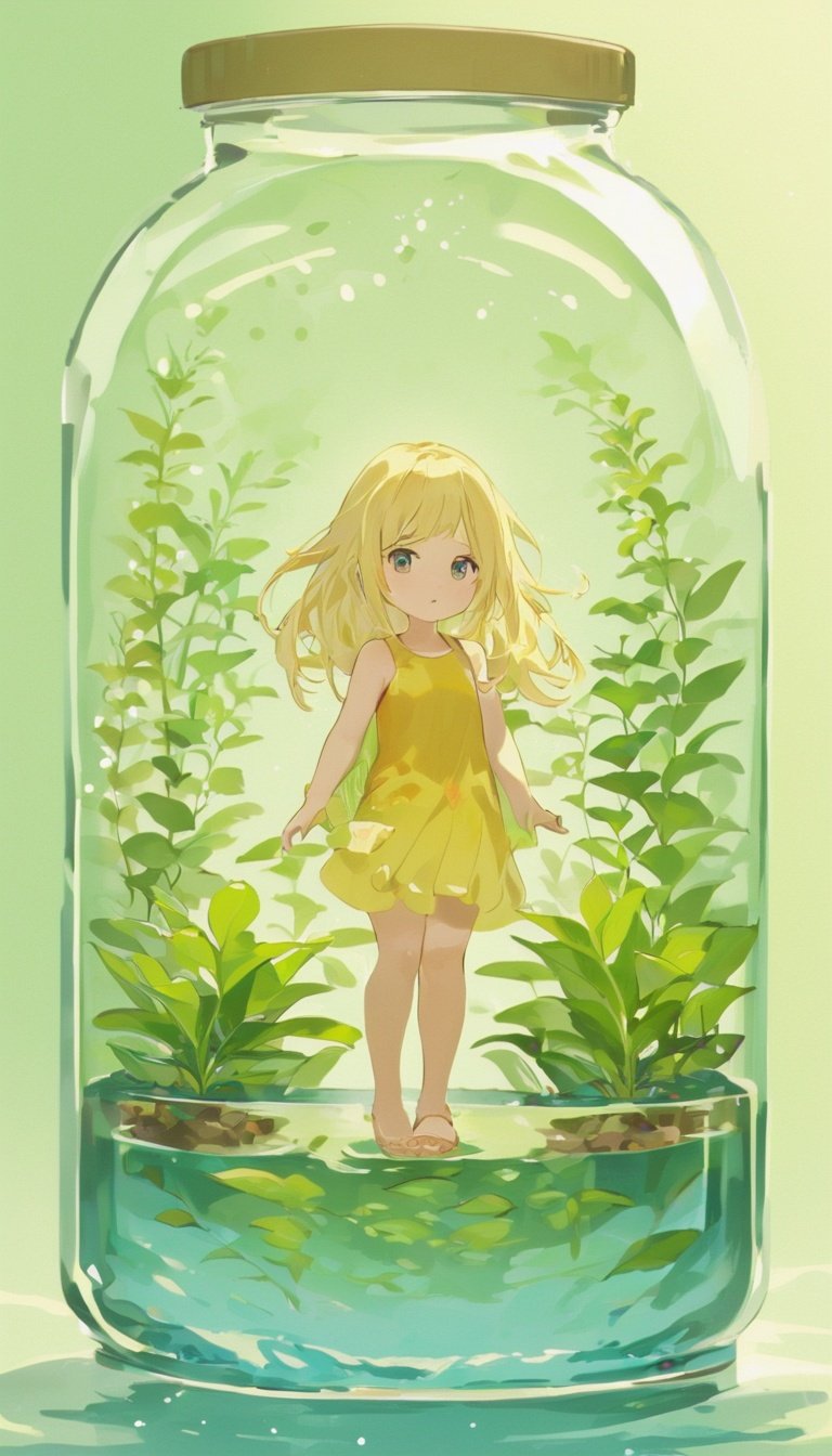 <lora:inajarresized:1>, in a jar, in container, blonde hair, 1girl, bridge, water, mini-world, plants