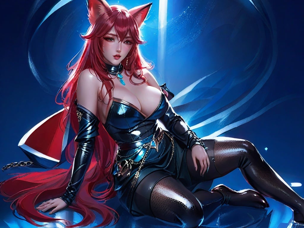 masterpiece, best quality, 1 girl, red hair, leather, shiny skin, fox eras, sitting, 