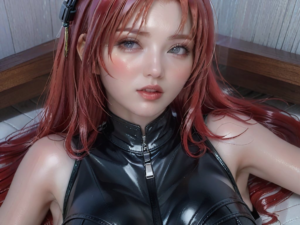 masterpiece, best quality, 1 girl, red hair, leather, shiny skin, open_mouth, 