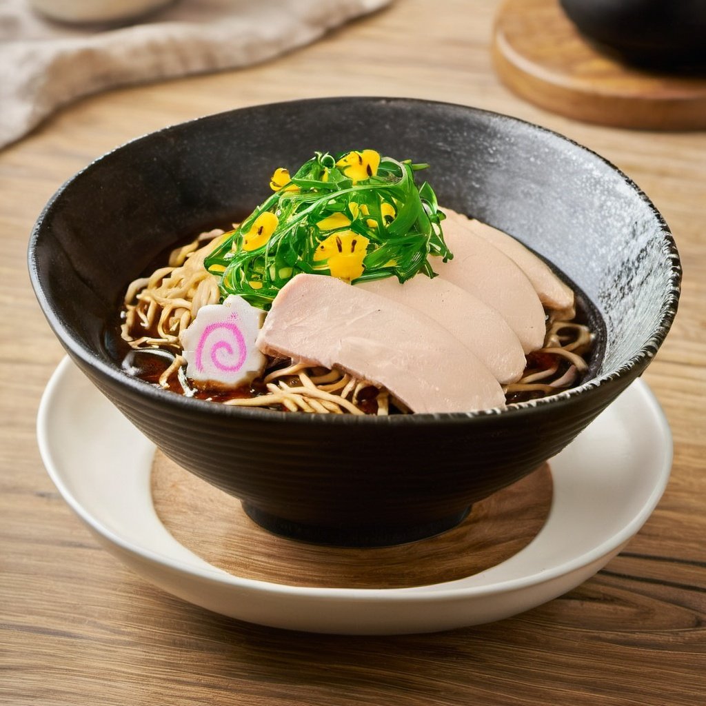 Delicious food, no humans, food focus, bowl, noodles, food, still life, ramen, cup, realistic, blurry, soup, egg, chopsticks, vegetable, spring onion, simple background, table, depth of field, steam, plate, spoon, meat, wooden table, blurry background
