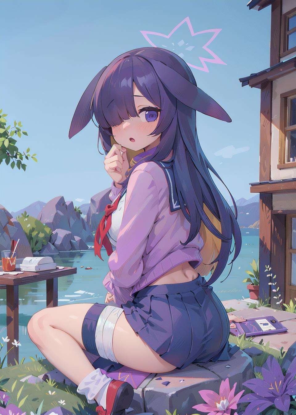 <lora:tsukuyo_v1.0:0.7>,tsukuyo\(blue archive\),long_hair,purple_hair, purple_eyes,hair_over_one_eye, halo,long dress, serafuku,sailor_collar,fishnets, neckerchief,cardigan, bandaged_leg,outdoors, blush,  from behind, sitting, looking at viewer,, masterpiece, best quality, extremely detailed face, sharp details, high contrast,