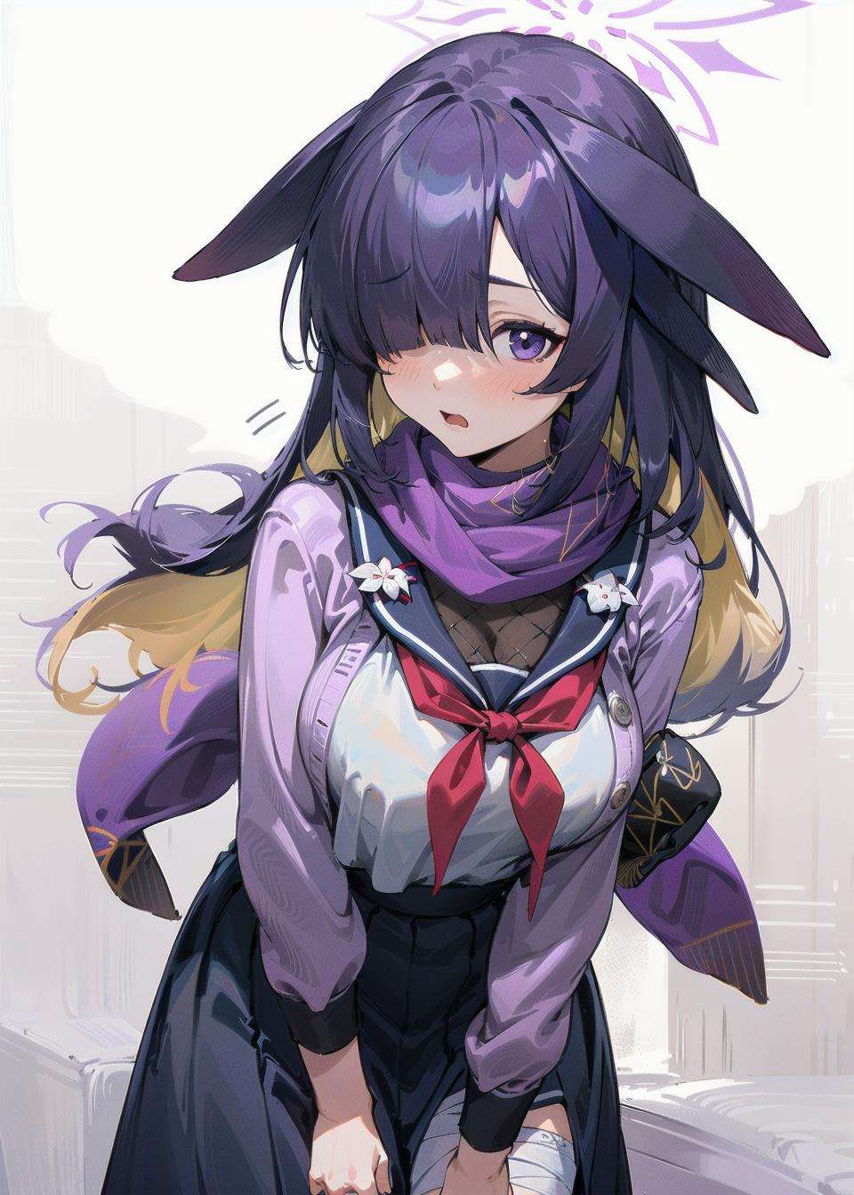 <lora:tsukuyo_v1.0:0.7>,tsukuyo\(blue archive\),long_hair,purple_hair, purple_eyes,hair_over_one_eye, halo,long dress, serafuku,sailor_collar,fishnets, neckerchief,cardigan, bandaged_leg,, masterpiece, best quality, extremely detailed face, sharp details, high contrast,