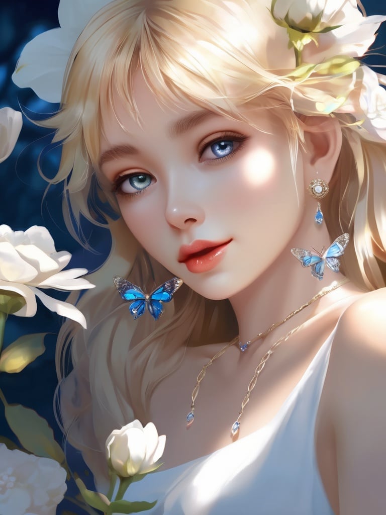(8k, best quality, masterpiece), (ultra-detailed:1.1), (high detailed skin),(full body:1.1),1girl, solo, butterfly, portrait, blue eyes, bug, earrings, looking at viewer, jewelry, flower, eyelashes, close-up, closed mouth, bangs, hair between eyes, hair flower, hair ornament, long hair, dappled sunlight, blue butterfly, sunlight, white flower, lips, shadow, eye focus, blonde hair<lora:lolita animev2:1>