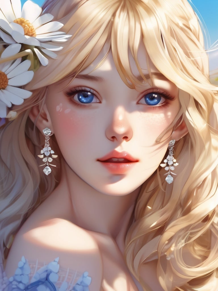 (8k, best quality, masterpiece), (ultra-detailed:1.1), (high detailed skin),(full body:1.1),1girl, solo, butterfly, portrait, blue eyes, bug, earrings, looking at viewer, jewelry, flower, eyelashes, close-up, closed mouth, bangs, hair between eyes, hair flower, hair ornament, long hair, dappled sunlight, blue butterfly, sunlight, white flower, lips, shadow, eye focus, blonde hair<lora:lolita animev2:1>