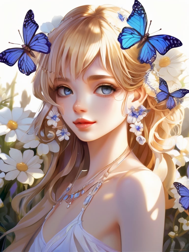 (8k, best quality, masterpiece), (ultra-detailed:1.1), (high detailed skin),(full body:1.1),1girl, solo, butterfly, portrait, blue eyes, bug, earrings, looking at viewer, jewelry, flower, eyelashes, close-up, closed mouth, bangs, hair between eyes, hair flower, hair ornament, long hair, dappled sunlight, blue butterfly, sunlight, white flower, lips, shadow, eye focus, blonde hair<lora:lolita animev2:1>