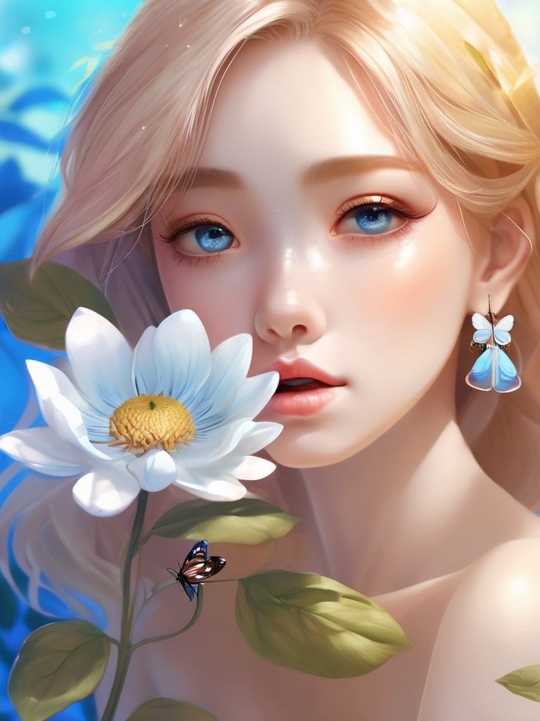 (8k, best quality, masterpiece), (ultra-detailed:1.1), (high detailed skin),(full body:1.1),1girl, solo, butterfly, portrait, blue eyes, bug, earrings, looking at viewer, jewelry, flower, eyelashes, close-up, closed mouth, bangs, hair between eyes, hair flower, hair ornament, long hair, dappled sunlight, blue butterfly, sunlight, white flower, lips, shadow, eye focus, blonde hair<lora:lolita animev2:1>