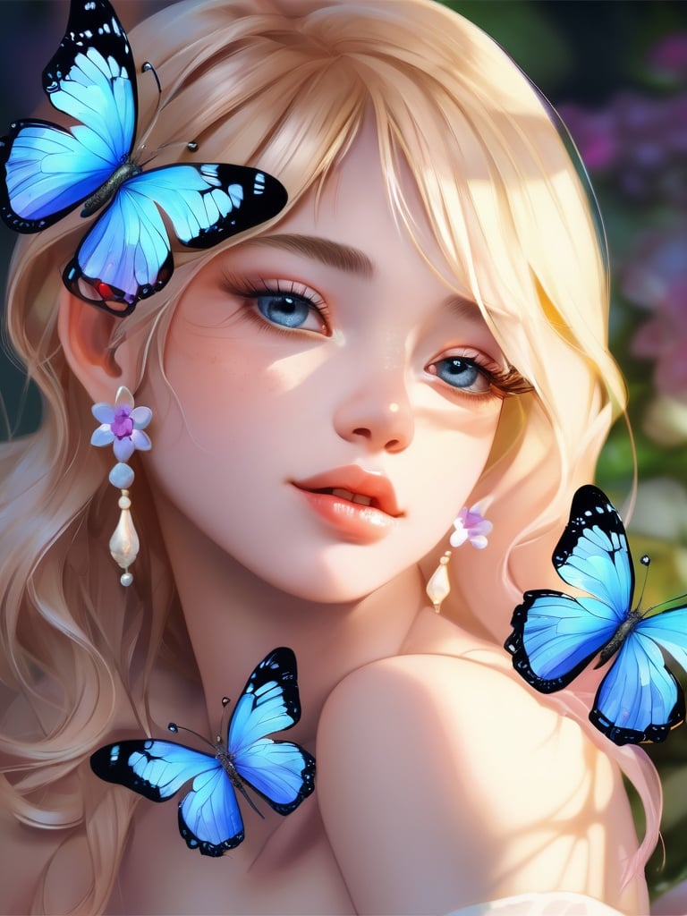 (8k, best quality, masterpiece), (ultra-detailed:1.1), (high detailed skin),(full body:1.1),1girl, solo, butterfly, portrait, blue eyes, bug, earrings, looking at viewer, jewelry, flower, eyelashes, close-up, closed mouth, bangs, hair between eyes, hair flower, hair ornament, long hair, dappled sunlight, blue butterfly, sunlight, white flower, lips, shadow, eye focus, blonde hair<lora:lolita animev2:1>