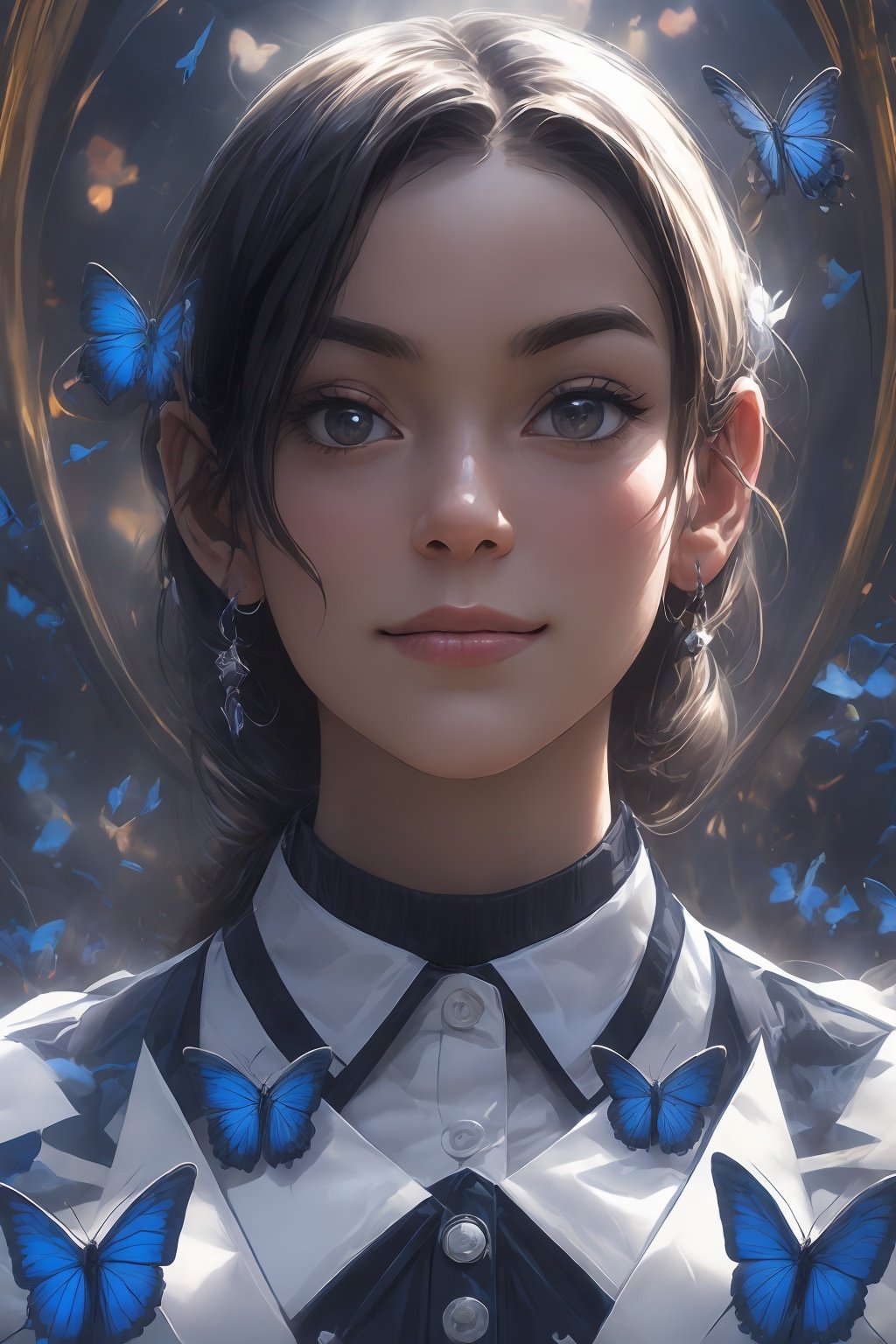 BJ_Teenage_Fantasy,1girl,solo,short_hair,shirt,black_hair,brown_eyes,jewelry,closed_mouth,earrings,necktie,hair_bun,lips,watermark,looking_away,piercing,single_hair_bun,bug,butterfly,portrait,web_address,blue_necktie,nose,blue_butterfly,blinds,cinematic lighting,strong contrast,high level of detail,Best quality,masterpiece,White background,<lora:Teenage_Fantasy:0.7>,