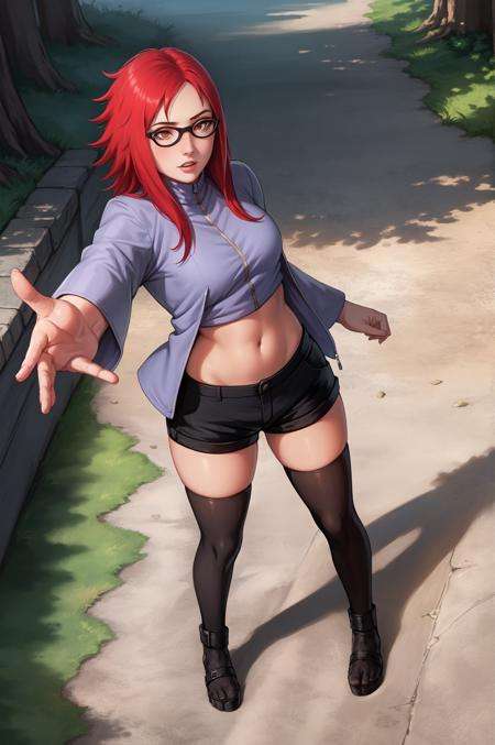 1girl, red hair, jacket, midriff, black shorts, black thighhighs, long sleeves, glasses, black thighhighs, toeless footwear, reaching, full body wide-angle shot, sun-dappled clearing, fantasy city, intricate details and textures, rich and vibrant tones <lora:Karin:1>