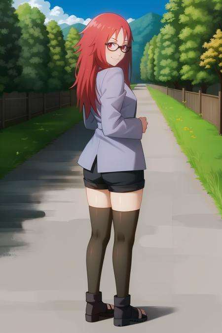 <lora:Karin:1>,outdoors, forest,nature,,cloud, dirt road,solo, 1girl,red hair, glasses, long hair, shorts, full body, black shorts, black thighhighs,anime coloring,  anime screencap, red eyes, jacket, toeless footwear,standing, looking at viewer, long sleeves, sandals, black-framed eyewear, short shorts, boots, black footwear, purple jacket, smile, toes, from behind, ass,back,looking back, 