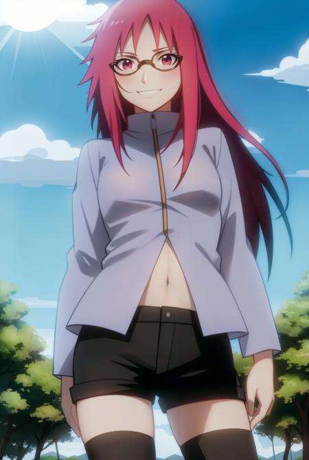 <lora:Karin:1>,outdoors,forest,nature,anime screencap, anime coloring,sun,day,clouds,solo, 1girl,red hair, glasses, long hair,  cowboy shot, red eyes,,standing,  looking at viewer, black-framed eyewear, smile, small breasts,smirk,facing viewer,jacket,midriff, shorts,black shorts, zettai ryouiki, black thighhighs, long sleeves,