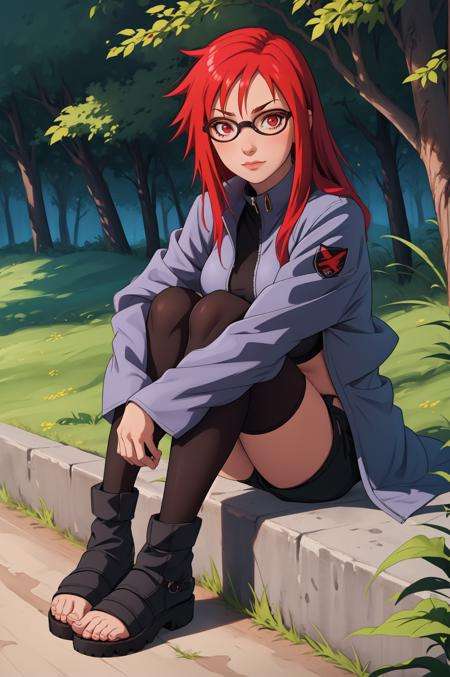 outdoors, forest, ground, spiked hair, solo, 1girl, red hair, glasses, long hair, full body, red eyes, sitting, looking at viewer, black-framed eyewear, smile, toes, facing viewer, hugging own legs, medium breasts, frown, jacket, midriff, black thighhighs, toeless footwear, black shorts, shorts <lora:Karin:0.8>