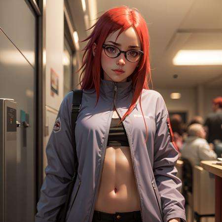 masterpiece, best quality, absurdres, 1girl, looking at viewer,   red eyes, brown glasses,  jacket, shorts, black shorts, midriff, long sleeves, red hair, messy hair, <lora:Sarada:1>