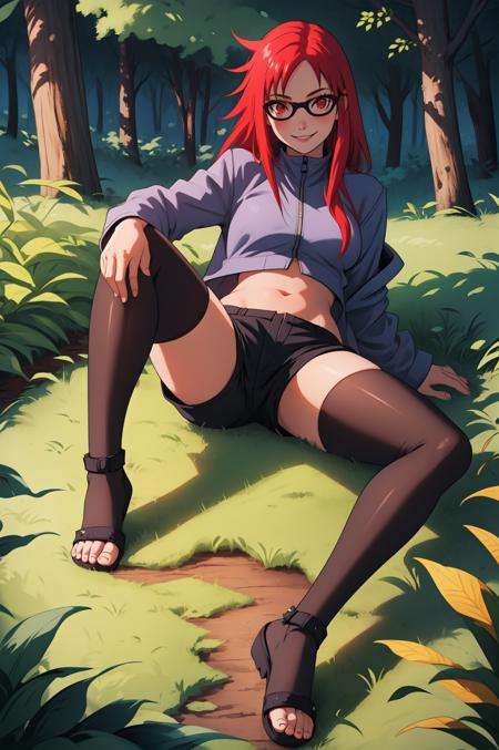 outdoors, forest, spiked hair, solo, 1girl, red hair, glasses, long hair, full body, red eyes, looking at viewer, lying down, black-framed eyewear, smile, toes, medium breasts, jacket, midriff, black thighhighs, toeless footwear, black shorts, shorts <lora:Karin:0.85>