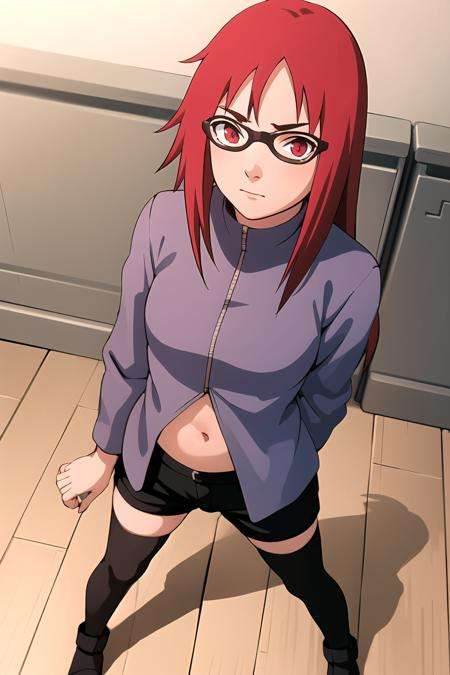 masterpiece, best quality, facing viewer, looking at viewer, 1girl, solo, <lora:Sarada:1>, red hair, glasses, long hair, red eyes, black-framed eyewear, toes, medium breasts, frown, jacket, midriff, black thighhighs, toeless footwear, black shorts, shorts,  <lora:KM_NarutoS-V2:0.6>, indoors, standing