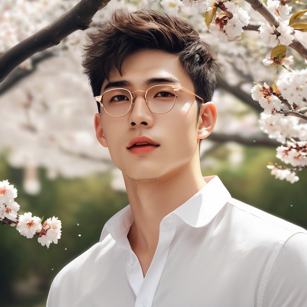 masterpiece, 1 Man, Handsome, Look at me, Brown eyes, Short hair, Oil head, White shirt, Gold rimmed glasses, 22 years old, Outdoor, Garden, Peach tree, Flying petals, textured skin, super detail, best quality<lora:sdxllora-000006:0.4> 