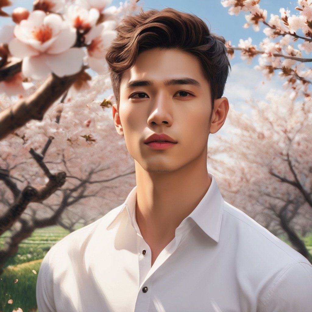 masterpiece, 1 Man, Handsome, Look at me, Brown eyes, Short hair, Oil head, White shirt, 22 years old, Outdoor, Garden, Peach tree, Flying petals, textured skin, super detail, best quality<lora:sdxllora-000006:0.4> 