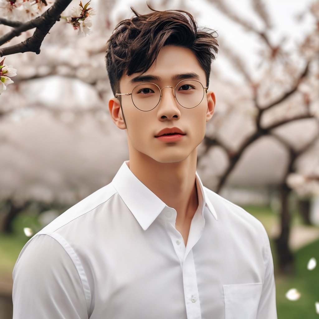 masterpiece, 1 Man, Handsome, Look at me, Brown eyes, Short hair, Oil head, White shirt, Gold rimmed glasses, 22 years old, Outdoor, Garden, Peach tree, Flying petals, textured skin, super detail, best quality<lora:sdxllora-000006:0.4> 