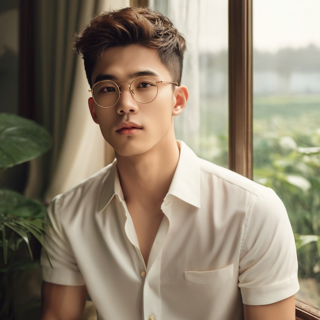 masterpiece, 1 Man, Handsome, Look at me, Brown eyes, Short hair, Oil head, Evening dress, Gold rimmed glasses, 22 years old, Indoor, Outside the window is the garden., textured skin, super detail, best quality<lora:sdxllora-000006:0.4> 