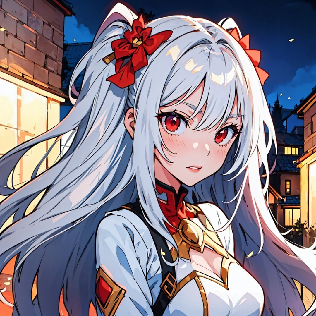 (masterpiece), (artwork), (amazing masterpiece), (best illustration), (best coloring), (extremely detailed CG 8k unity wallpaper), (amazing landscape), (cinematic lighting), (wit studio lighting) a cute girl, (long white hair), (intense red eyes), fair skin, (long white hair), wearing a nice white dress (half gray), pretty face.,anime,girl