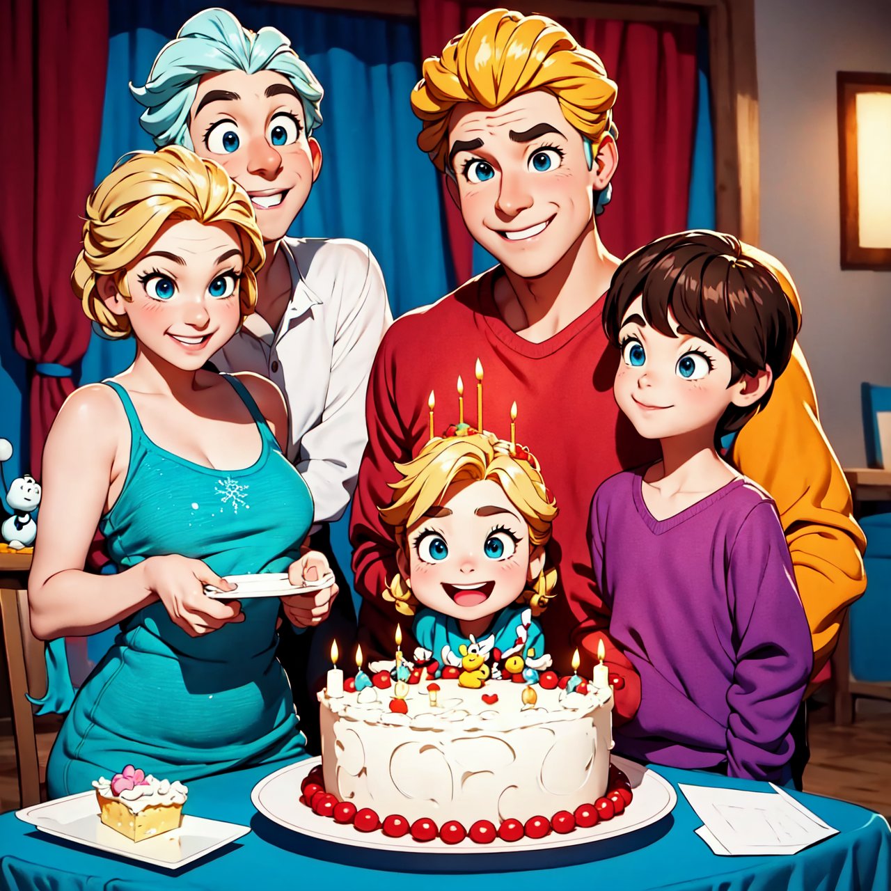 A large happy children's birthday party scene with 4-6 children, cake, candles and Elsa from Disney's Frozen standing in the background, celebration style, detailed depiction of the facial structure of the characters, bright overall colors, candles on the cake, by Charles M. Schulz