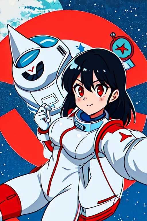 1girl, flat_breasts, cute, beautiful detailed eyes, shiny hair, visible through hair, hairs between eyes, CCCPposter, sovietposter, red monochrome, soviet poster, soviet, communism, Black_hair, red_eyes, vampire, teenage, poorbreast, Spacesuit:Orange_clothing_body:jumpsuit), white_gloves, white_space shoes, white_helmet, the CCCP red letters on the top of helmet, weightlessness, Side light, reflection, The person in the spacesuit is at the bottom left of the frame, The right hand is outstretched, the right hand gently touches the Salyut space station), Space station in the upper right corner of the screen, Reflected light from the sun, Silver metal, red flag, brilliance, USSR style, diffuse reflection, Metallic texture, The vista is a blue Earth, mecha style, the sea of star, high tone, magnificent, k4k3k, anime