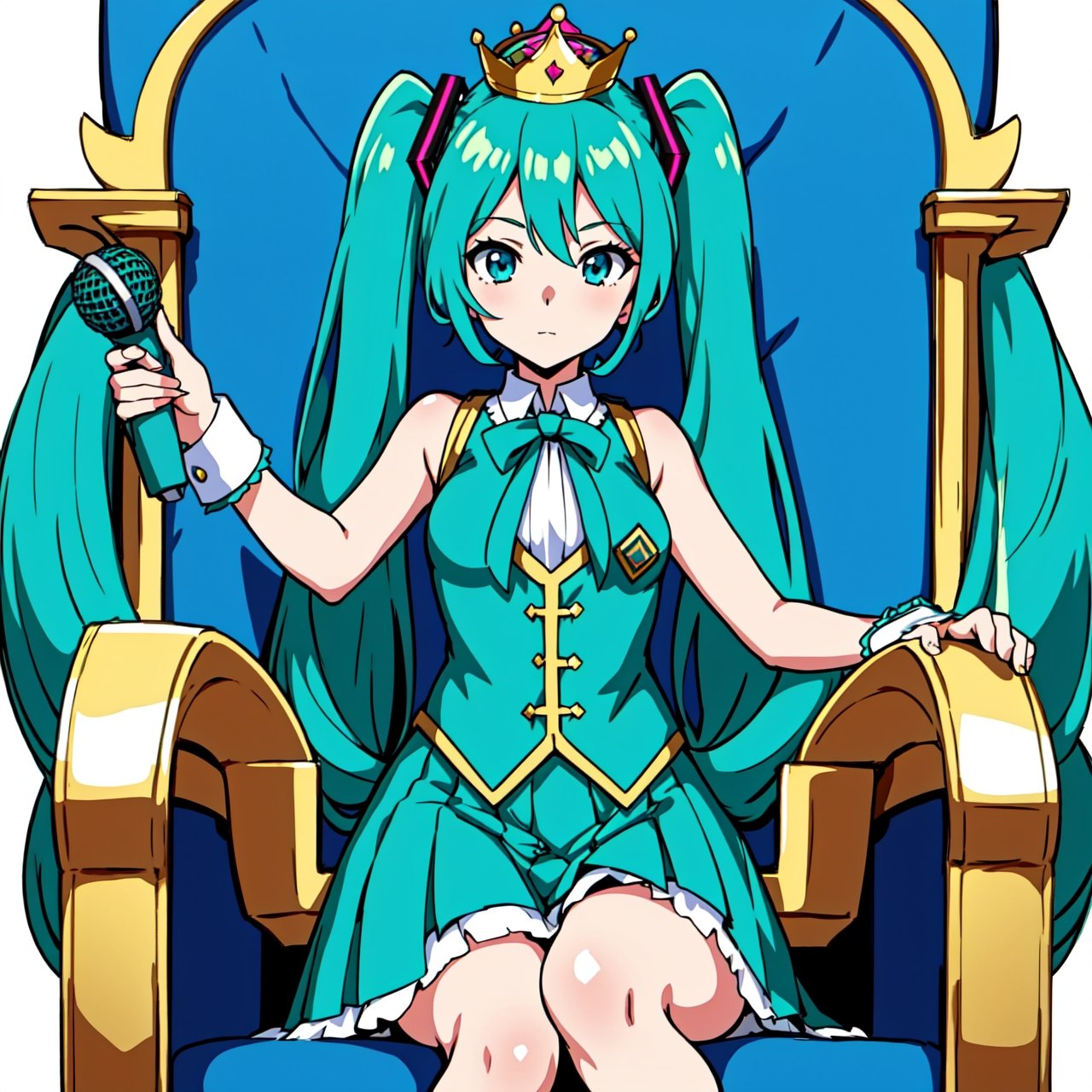 1girl, Hatsune Miku, princess outfit, crown, gold, ((throne)), in a castle, Middle Ages, wearing a blue vest, one foot on the ground, the other foot calf turned outward, one hand holding the microphone, the other hand across the eyes Biye, white background