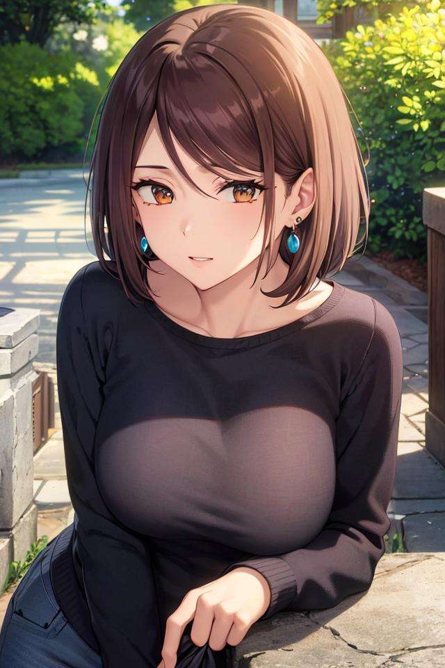 (masterpiece:1.2, best quality), (finely detailed beautiful eyes: 1.2), solo focus,   (extremely detailed CG unity 8k wallpaper, masterpiece, best quality, ultra-detailed, best shadow), (detailed background), (beautiful detailed face, beautiful detailed eyes),  1girl, shoko , brown hair, brown eyes,oversized sweater, long sleeves, jeans, casual clothes, jewelry, earrings,   High contrast, beautiful sexy woman, adult, (best illumination, an extremely delicate and beautiful),(simple backround, outdoors), looking at viewer,beautiful detailed glow,