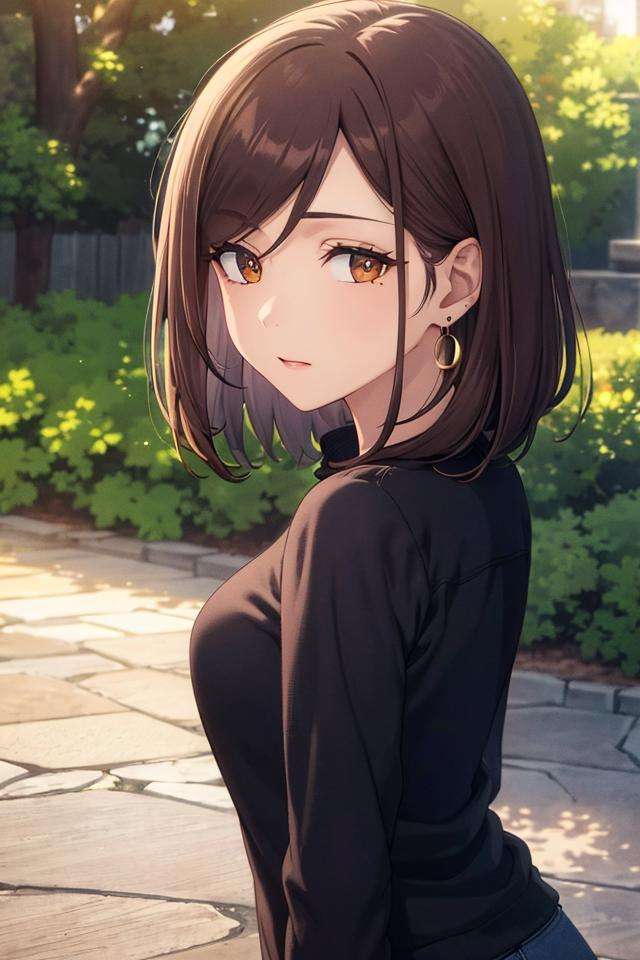 (masterpiece:1.2, best quality), (finely detailed beautiful eyes: 1.2), solo focus,   (extremely detailed CG unity 8k wallpaper, masterpiece, best quality, ultra-detailed, best shadow), (detailed background), (beautiful detailed face, beautiful detailed eyes),  1girl, shoko , brown hair, brown eyes,oversized sweater, long sleeves, jeans, casual clothes, jewelry, earrings,   High contrast, beautiful sexy woman, adult, (best illumination, an extremely delicate and beautiful),(simple backround, outdoors), looking at viewer,beautiful detailed glow,