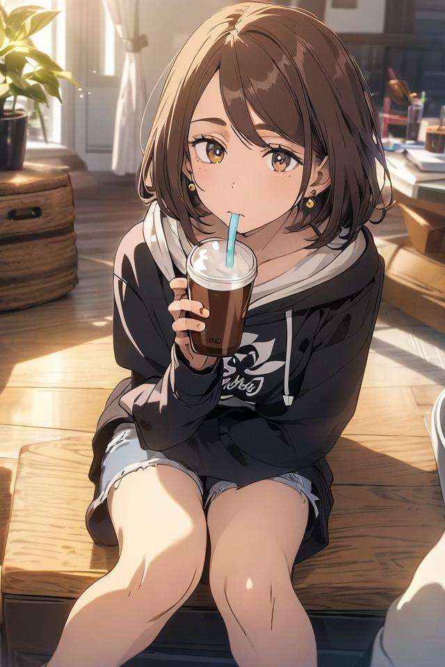 (masterpiece:1.2, best quality), (finely detailed beautiful eyes: 1.2), solo focus,   (extremely detailed CG unity 8k wallpaper, masterpiece, best quality, ultra-detailed, best shadow), (detailed background), (beautiful detailed face, beautiful detailed eyes),  1girl, shoko , brown hair, brown eyes,oversized hoodie, long sleeves, shorts, sitting on couch, sofa, drinking from a cup, drinking coffee, living room, casual clothes,  earrings,   High contrast, beautiful sexy woman, adult, (best illumination, an extremely delicate and beautiful),(simple backround, indoors), looking at viewer,beautiful detailed glow,