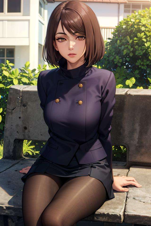 (masterpiece:1.2, best quality), (finely detailed beautiful eyes: 1.2), solo focus,   (extremely detailed CG unity 8k wallpaper, masterpiece, best quality, ultra-detailed, best shadow), (detailed background), (beautiful detailed face, beautiful detailed eyes),  1girl, shoko , brown hair, brown eyes,black jacket, jacket, school uniform, black pantyhose, black stockings, sitting down on bench, black short skirt,   High contrast, beautiful sexy woman, adult, (best illumination, an extremely delicate and beautiful),(simple backround, outdoors), looking at viewer,beautiful detailed glow,