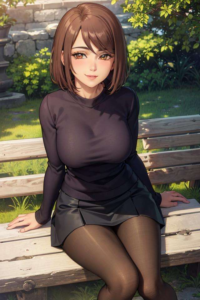 (masterpiece:1.2, best quality), (finely detailed beautiful eyes: 1.2), solo focus,   (extremely detailed CG unity 8k wallpaper, masterpiece, best quality, ultra-detailed, best shadow), (detailed background), (beautiful detailed face, beautiful detailed eyes),  1girl, shoko , smiling, blush, brown hair, brown eyes,sweater, black shirt, casual clothes, black pantyhose, black stockings, sitting down on bench, black short skirt,   High contrast, beautiful sexy woman, adult, (best illumination, an extremely delicate and beautiful),(simple backround, outdoors), looking at viewer,beautiful detailed glow,