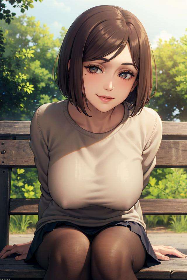 (masterpiece:1.2, best quality), (finely detailed beautiful eyes: 1.2), solo focus,   (extremely detailed CG unity 8k wallpaper, masterpiece, best quality, ultra-detailed, best shadow), (detailed background), (beautiful detailed face, beautiful detailed eyes),  1girl, shoko , smiling, blush, brown hair, brown eyes,sweater, black shirt, casual clothes, black pantyhose, black stockings, sitting down on bench, black short skirt,   High contrast, beautiful sexy woman, adult, (best illumination, an extremely delicate and beautiful),(simple backround, outdoors), looking at viewer,beautiful detailed glow,