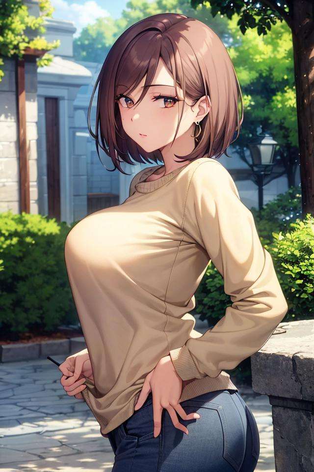 (masterpiece:1.2, best quality), (finely detailed beautiful eyes: 1.2), solo focus,   (extremely detailed CG unity 8k wallpaper, masterpiece, best quality, ultra-detailed, best shadow), (detailed background), (beautiful detailed face, beautiful detailed eyes),  1girl, shoko , brown hair, brown eyes,oversized sweater, long sleeves, jeans, casual clothes, jewelry, earrings,   High contrast, beautiful sexy woman, adult, (best illumination, an extremely delicate and beautiful),(simple backround, outdoors), looking at viewer,beautiful detailed glow,