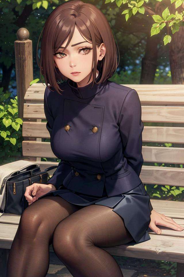 (masterpiece:1.2, best quality), (finely detailed beautiful eyes: 1.2), solo focus,   (extremely detailed CG unity 8k wallpaper, masterpiece, best quality, ultra-detailed, best shadow), (detailed background), (beautiful detailed face, beautiful detailed eyes),  1girl, shoko , brown hair, brown eyes,black jacket, jacket, school uniform, black pantyhose, black stockings, sitting down on bench, black short skirt,   High contrast, beautiful sexy woman, adult, (best illumination, an extremely delicate and beautiful),(simple backround, outdoors), looking at viewer,beautiful detailed glow,