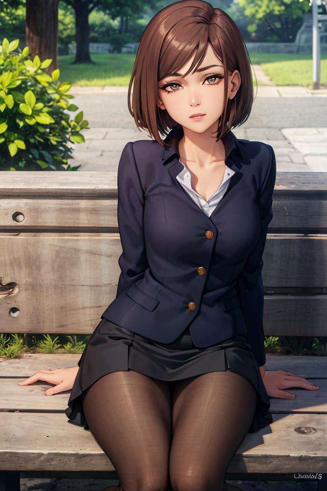 (masterpiece:1.2, best quality), (finely detailed beautiful eyes: 1.2), solo focus,   (extremely detailed CG unity 8k wallpaper, masterpiece, best quality, ultra-detailed, best shadow), (detailed background), (beautiful detailed face, beautiful detailed eyes),  1girl, shoko , brown hair, brown eyes,black jacket, jacket, school uniform, black pantyhose, black stockings, sitting down on bench, black short skirt,   High contrast, beautiful sexy woman, adult, (best illumination, an extremely delicate and beautiful),(simple backround, outdoors), looking at viewer,beautiful detailed glow,