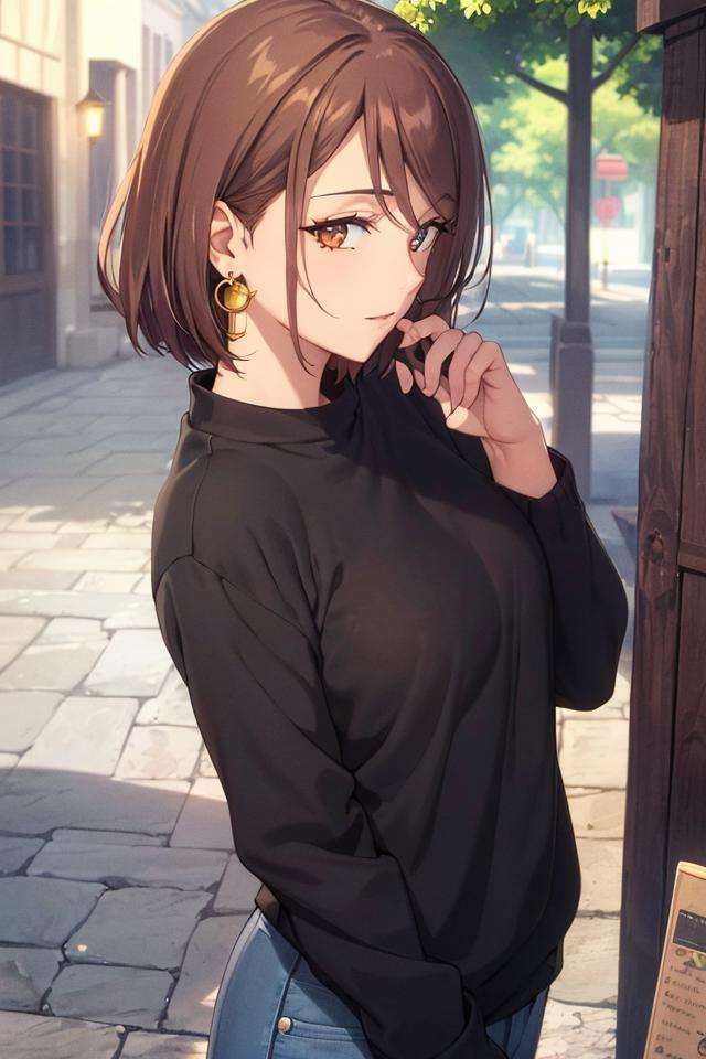 (masterpiece:1.2, best quality), (finely detailed beautiful eyes: 1.2), solo focus,   (extremely detailed CG unity 8k wallpaper, masterpiece, best quality, ultra-detailed, best shadow), (detailed background), (beautiful detailed face, beautiful detailed eyes),  1girl, shoko , brown hair, brown eyes,oversized sweater, long sleeves, jeans, casual clothes, jewelry, earrings,   High contrast, beautiful sexy woman, adult, (best illumination, an extremely delicate and beautiful),(simple backround, outdoors), looking at viewer,beautiful detailed glow,